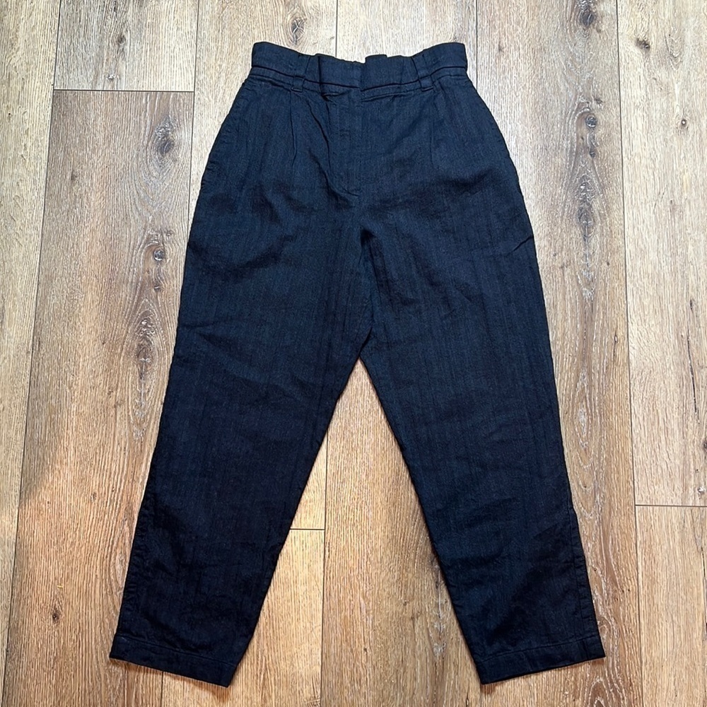 Brunello Cucinelli Dark Gray Striped Linen Blend Paper Bag Waist Trousers 8US